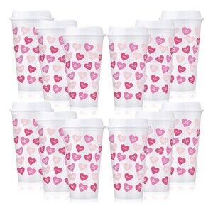 Bokon 12 Pcs Valentine's Day Cups with Lids Conversation Heart Cups 16oz